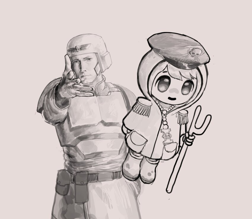 1boy astra_militarum bead_necklace beads belt belt_pouch boots character_doll closed_mouth combat_helmet commentary doll eminem english_commentary epaulettes greyscale hat helmet highres holding holding_staff inquisition_(warhammer) jacket jewelry lips looking_at_viewer luce_(jubilee_2025) meme military_hat military_jacket monochrome necklace nick_xinderz nose pouch realistic skull_ornament soldier staff warhammer_40k white_background woe_plague_be_upon_ye_(meme)
