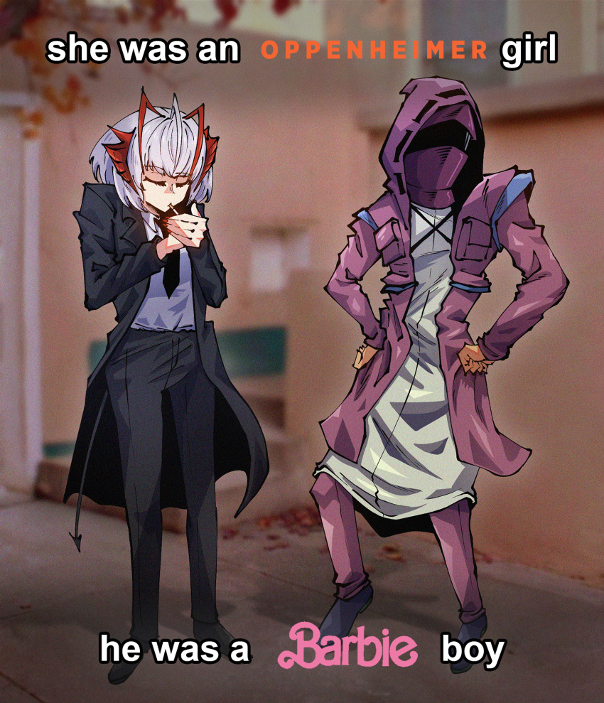 1girl 1other ambiguous_gender arknights barbenheimer_(meme) barbie_(franchise) barbie_(live_action) cigarette closed_eyes doctor_(arknights) dryegen english_text highres hood jacket jojo_no_kimyou_na_bouken jojo_pose lighting_cigarette meme open_clothes open_jacket oppenheimer_(movie) w_(arknights)