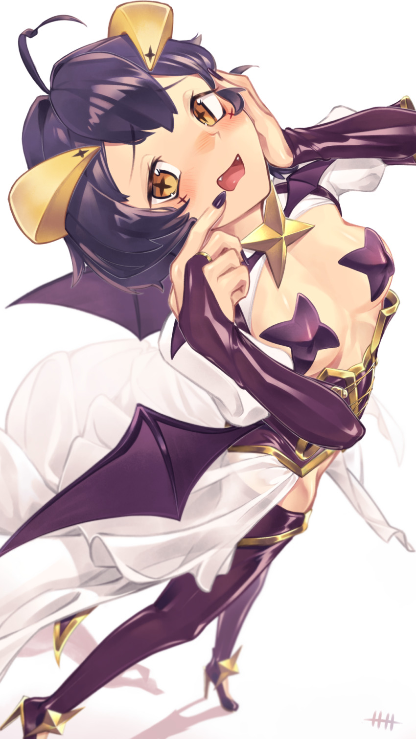 1girl ahoge blush breasts corset cross-shaped_pupils demon_girl demon_horns demon_wings elbow_gloves facial_tattoo fangs finger_to_mouth full_body gloves hand_on_own_cheek hand_on_own_face head_tilt heart heart_ahoge high_heels highres hiiragi_utena hitogata_ningen horns large_breasts looking_at_viewer lowleg lowleg_pants magia_baiser mahou_shoujo_ni_akogarete nail_polish open_mouth pants pasties purple_corset purple_gloves purple_hair purple_pants shadow short_hair shrug_(clothing) simple_background solo star_(symbol) star_pasties stiletto_heels symbol-shaped_pupils tattoo white_background wings yellow_eyes