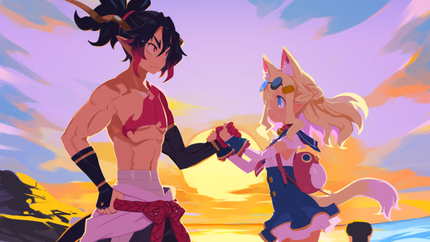 1boy 1girl animal_ears black_hair blonde_hair blue_eyes cloud demon_boy demon_girl disgaea dog_ears dog_girl dog_tail eyewear_on_head fuji_(disgaea) glasses harada_takehito highres horns makai_senki_disgaea_7 multicolored_hair official_art pink_hair pirilika_(disgaea) pointy_ears ponytail red_eyes red_hair sidelocks sky smile sun tail topless_male