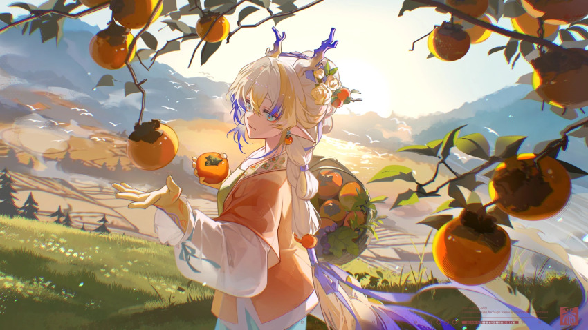 1girl 6+others alternate_costume alternate_hairstyle arknights bird blonde_hair blue_eyes blue_hair blue_skirt blue_sky dragon_horns dragon_tail dress food fruit grass grey_hair hair_ornament highres horns mountain multiple_others persimmon pointy_ears shu_(arknights) skirt sky solo standing tail twilight upper_body xianyu_guguzi