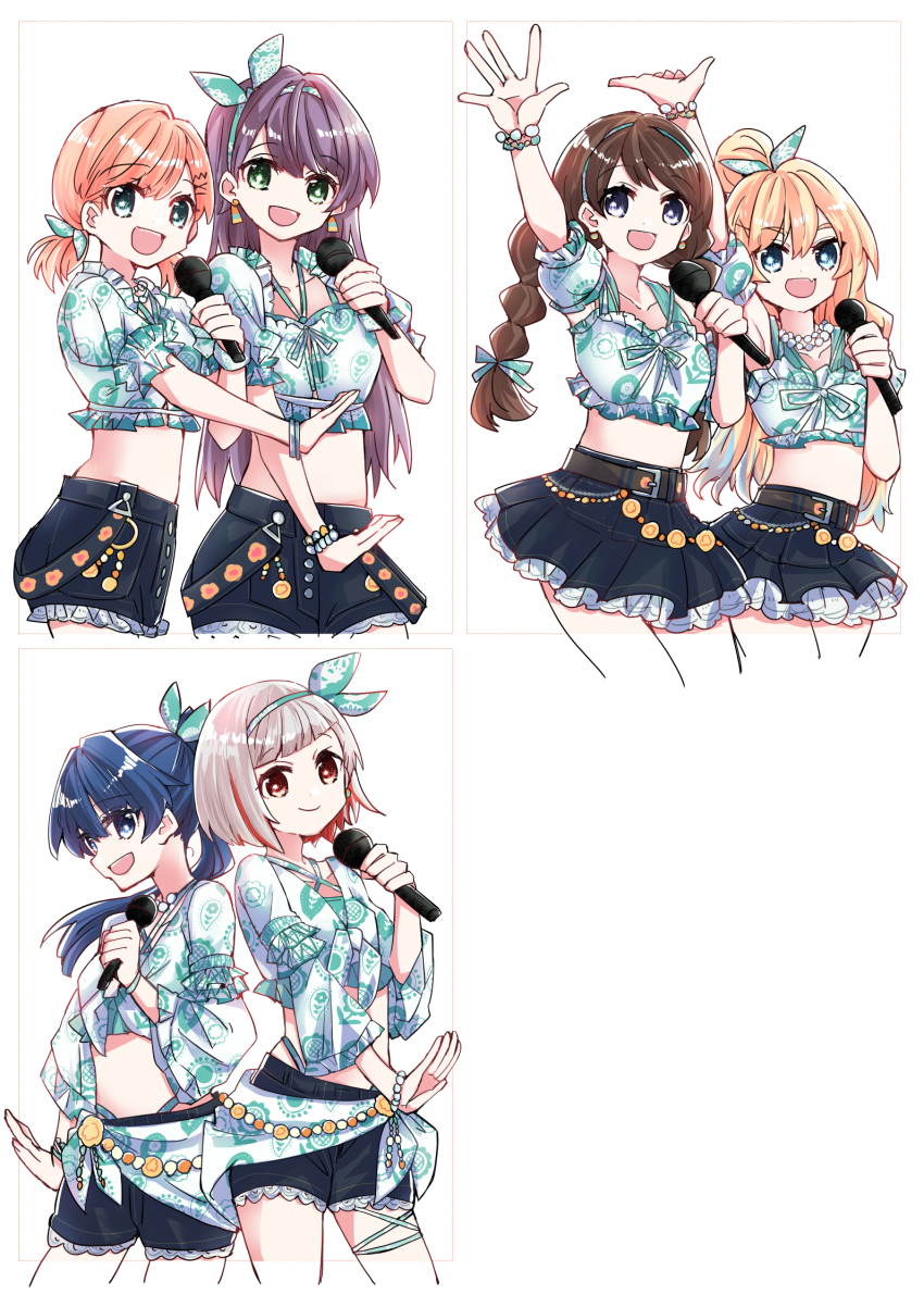 6+girls :d aqua_hairband aqua_shirt belt black_belt black_shorts black_skirt blonde_hair blue_eyes blue_hair bob_cut breasts brown_hair cerise_bouquet closed_mouth colored_inner_hair commentary_request dollchestra fujishima_megumi green_eyes grey_eyes grey_hair hair_bun hair_ornament hairband hairclip highres hinoshita_kaho holding holding_microphone inverted_bob kanduki_kamibukuro link!_like!_love_live! long_hair love_live! low_twintails medium_breasts microphone midriff miniskirt mira-cra_park! multi-tied_hair multicolored_hair multiple_girls murano_sayaka natsumeki_pain official_alternate_costume open_hand open_mouth orange_hair osawa_rurino otomune_kozue ponytail purple_hair red_eyes red_hair shirt short_hair short_twintails shorts simple_background single_hair_bun skirt smile streaked_hair twintails virtual_youtuber white_background white_shirt x_hair_ornament yugiri_tsuzuri