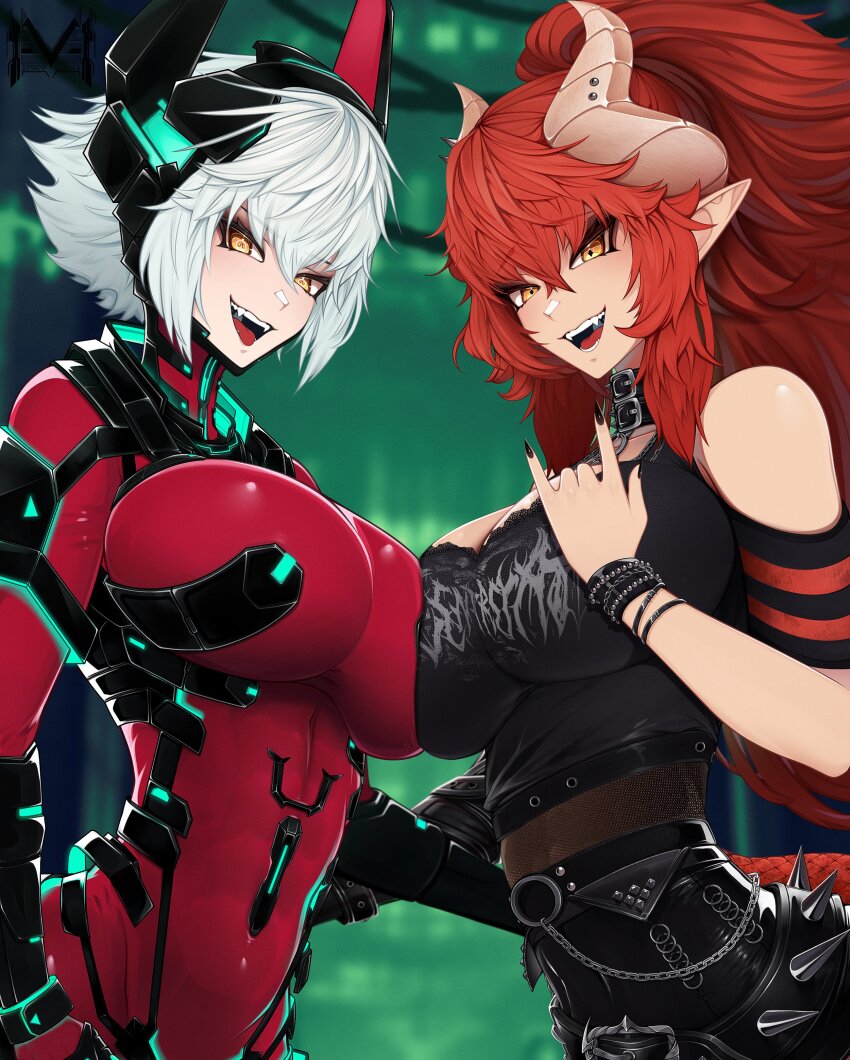 2girls absurdres asymmetrical_docking belt black_belt black_nails black_shirt black_shorts bodysuit breast_press breasts dragon_girl dragon_horns dual_persona grey_hair highres horns inkyvivl large_breasts long_hair looking_at_viewer multiple_girls nail_polish open_mouth pointy_ears ponytail power_symbol-shaped_pupils red_bodysuit red_hair shirt short_hair shorts smile spiked_belt symbol-shaped_pupils virtual_youtuber vshojo yellow_eyes zentreya zentreya_(cyborg) zentreya_(cyborg)_(1st_costume) zentreya_(dragon) zentreya_(dragon)_(metalheads) zentreya_(dragon)_(metalheads)