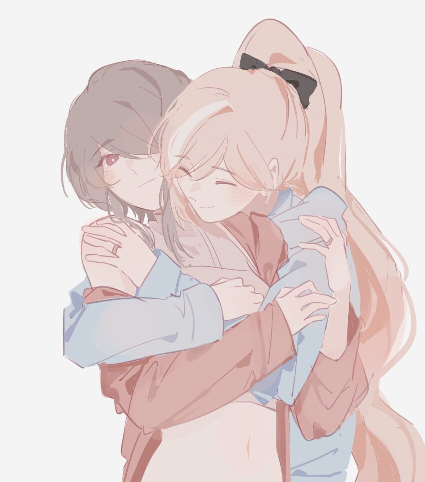 2girls belly black_bow blonde_hair blue_hoodie bow bright_pupils closed_eyes commentary crop_top durandal_(honkai_impact) english_commentary grey_background grey_hair hair_bow hair_over_one_eye hand_on_another&#039;s_shoulder highres honkai_(series) honkai_impact_3rd hood hood_down hoodie hug jacket jewelry long_hair looking_at_viewer midriff multiple_girls navel ponytail red_eyes red_jacket ring rita_rossweisse short_hair simple_background single_bare_shoulder sketch smile white_pupils wife_and_wife ylceon yuri