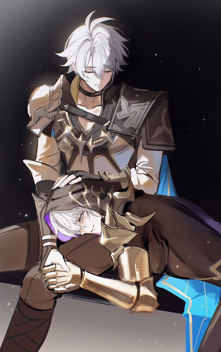 2boys antenna_hair armor black_choker black_cloak black_gloves black_pants black_shirt blue_cape blue_eyes cape choker clawed_gauntlets cloak closed_eyes coat commentary dual_persona english_commentary fingerless_gloves flame_reaver_of_the_deepest_dark gloves hand_on_another&#039;s_head highres holding_hands honkai:_star_rail honkai_(series) hood hood_up hooded_cloak lap_pillow male_focus multiple_boys neck_tattoo pants parted_bangs pauldrons phainon_(honkai:_star_rail) shirt short_hair shoulder_armor single_glove single_pauldron suamk2 tattoo white_coat white_hair