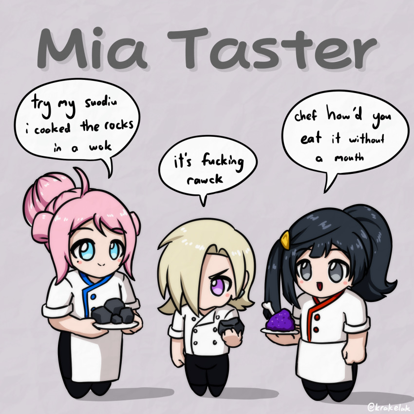 3girls :d ahoge apron bad_food black_hair black_pants blonde_hair blue_eyes blush_stickers chef chibi chibi_only eating english_text full_body grey_background grey_eyes hair_bun hair_ornament hair_over_one_eye highres holding holding_plate holding_rock jacket krakelak love_live! love_live!_nijigasaki_high_school_idol_club medium_hair mia_taylor mole mole_under_eye multiple_girls no_mouth one_eye_covered one_side_up open_mouth pants pink_hair plate ponytail pun purple_eyes rock short_hair short_sleeves single_hair_bun smile speech_bubble text_focus triangle_hair_ornament twitter_username v-shaped_eyebrows waist_apron white_apron white_jacket yuki_setsuna zhong_lanzhu