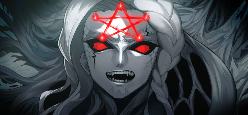 1boy alessandro_di_cagliostro_(fate) beard braid facial_hair facial_mark fangs fate/grand_order fate_(series) game_cg grey_hair long_hair looking_at_viewer male_focus official_art pentagram red_eyes routo