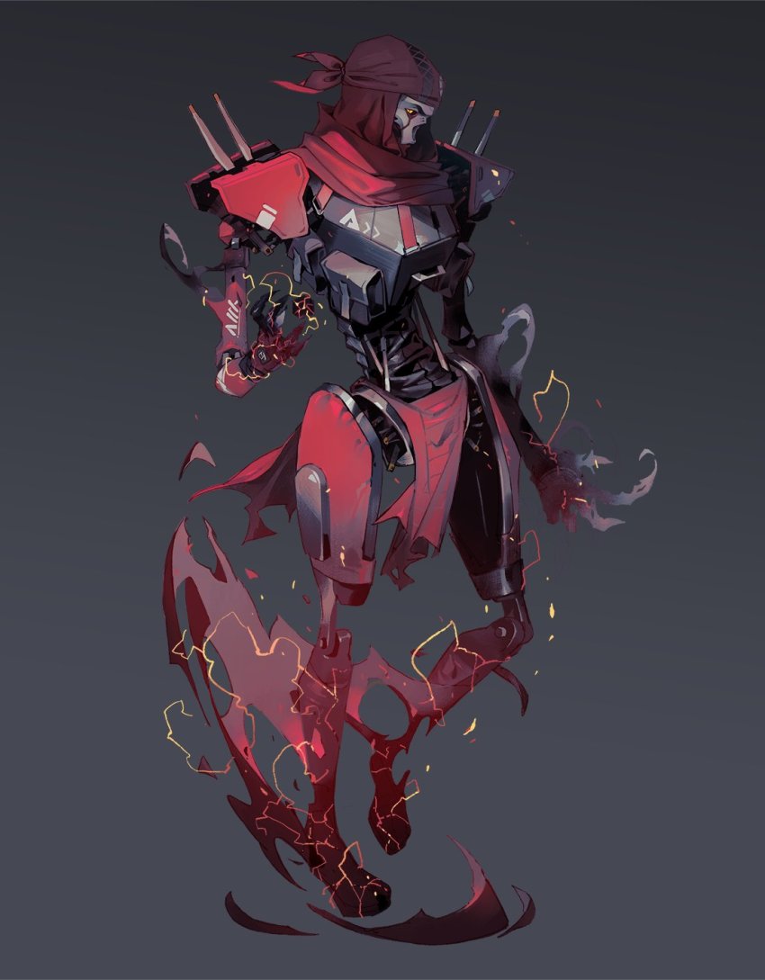 1boy android anniversary apex_legends bandana classic_revenant floating grey_background highres lightning loincloth mask red_bandana revenant_(apex_legends) robot sarah_stone science_fiction skull_mask teleportation