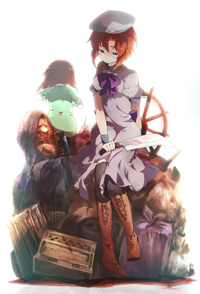 2girls aged_down black_legwear blue_eyes boots brown_footwear brown_hair dress full_body grey_dress half-closed_eyes hashitsuki_nata hat hatchet highres higurashi_no_naku_koro_ni hinamikan holding holding_hatchet holding_weapon knee_boots long_dress multiple_girls nata_(tool) purple_neckwear ryuuguu_rena shiny_clothes shiny_legwear short_hair short_sleeves sitting thighhighs weapon white_headwear