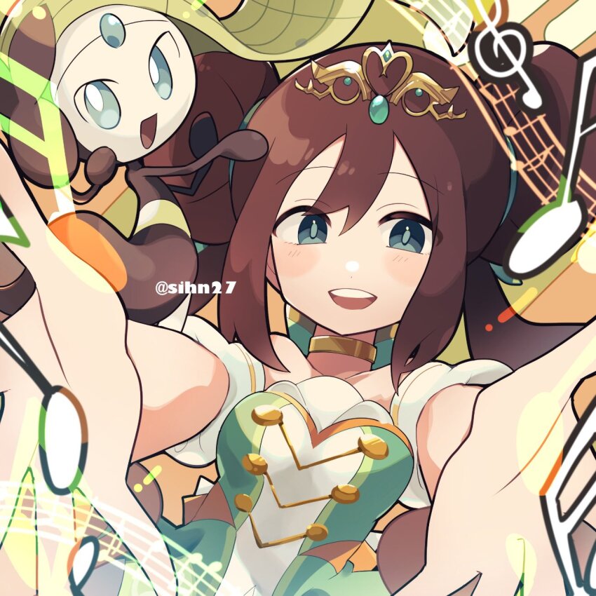 2girls :d black_dress blue_eyes brown_hair clear_2758 colored_skin double_bun dress gen_5_pokemon gold_choker gold_tiara green_dress green_hair hair_bun highres legendary_pokemon looking_at_viewer meloetta meloetta_(aria) multiple_girls musical_note mythical_pokemon nintendo open_mouth orange_background pokemon pokemon_(creature) pokemon_masters_ex puffy_short_sleeves puffy_sleeves reaching reaching_towards_viewer rosa_(champion)_(pokemon) rosa_(pokemon) short_sleeves smile solo_focus twintails white_skin