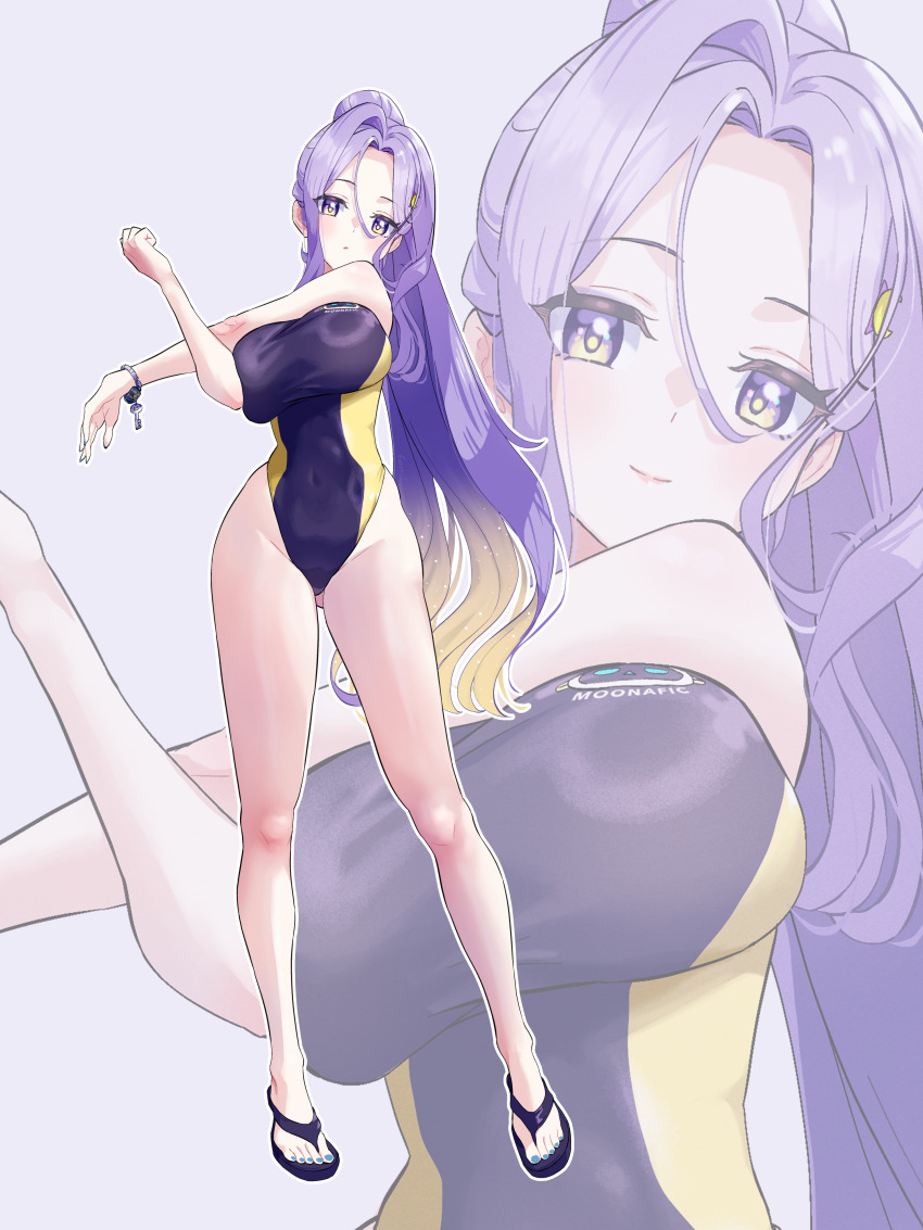 1girl absurdres bilingual_commentary blonde_hair bracelet closed_mouth commentary competition_swimsuit covered_navel cross-body_stretch english_commentary fueppu full_body gluteal_fold gradient_eyes gradient_hair highleg highleg_one-piece_swimsuit highres hololive hololive_indonesia jewelry light_smile long_hair looking_at_viewer mixed-language_commentary moona_hoshinova multicolored_eyes multicolored_hair one-piece_swimsuit outstretched_arm purple_eyes purple_hair purple_one-piece_swimsuit slippers smile solo swimsuit two-tone_hair very_long_hair virtual_youtuber yellow_eyes zoom_layer