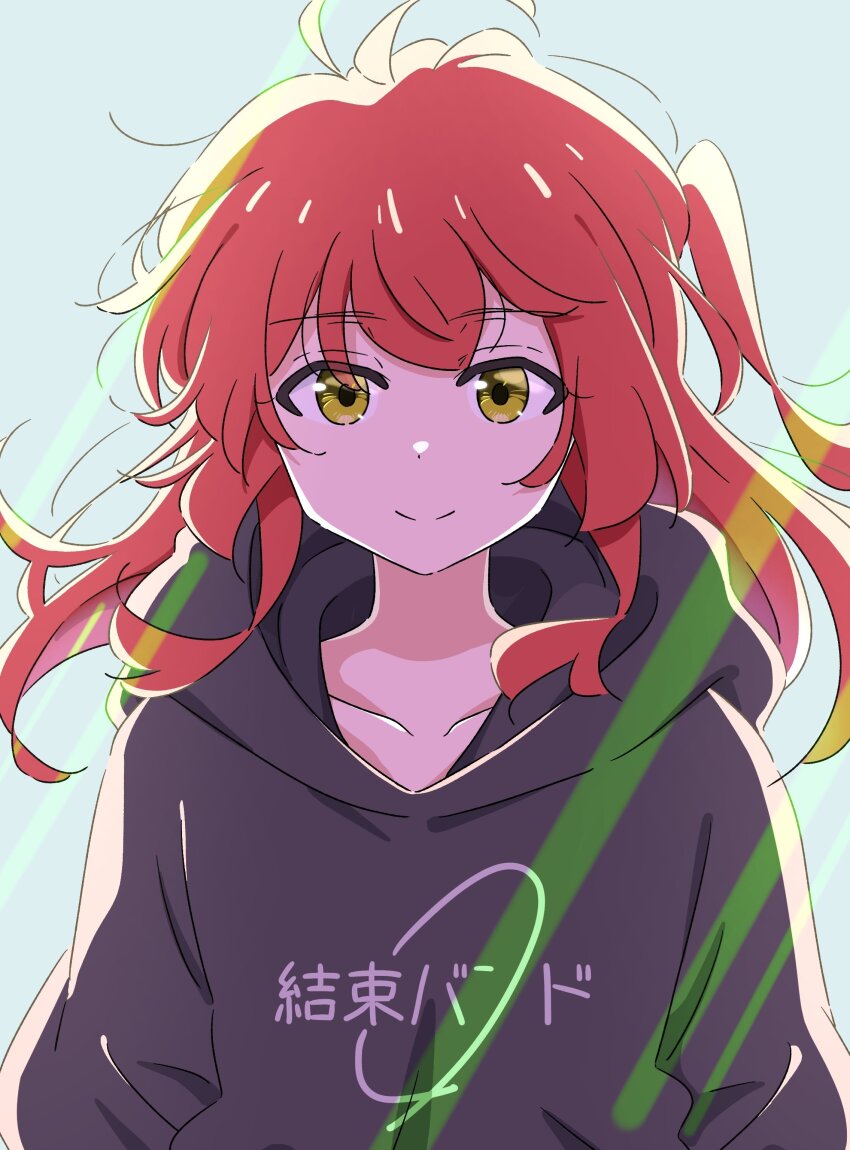 1girl absurdres ahoge anime_coloring backlighting black_hoodie blue_background bocchi_the_rock! closed_mouth clothes_writing collarbone commentary_request highres hood hood_down hoodie kessoku_band_logo kita_ikuyo long_hair looking_at_viewer mayo_(oekaki_bibbi) one_side_up red_hair sidelocks simple_background smile solo split_mouth straight-on upper_body yellow_eyes