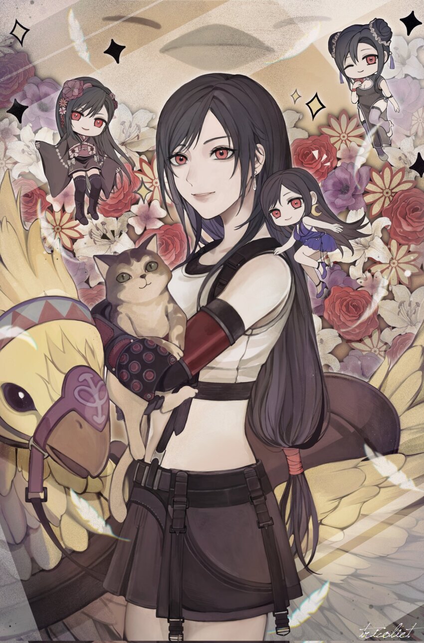 1girl animal animal_hug bare_shoulders black_gloves black_hair black_kimono black_skirt black_thighhighs blue_dress breasts cat chibi chibi_inset china_dress chinese_clothes chocobo cleavage_cutout closed_mouth clothing_cutout commentary cowboy_shot crop_top double_bun dress earrings falling_feathers fat_chocobo feathers final_fantasy final_fantasy_vii final_fantasy_vii_rebirth final_fantasy_vii_remake fingerless_gloves floral_background flower gloves grey_dress grey_thighhighs hair_bun hair_flower hair_ornament high_heels highres japanese_clothes jewelry kimono lips long_hair long_sleeves looking_at_viewer low-tied_long_hair midriff miniskirt multiple_views official_alternate_costume official_alternate_hairstyle parted_lips red_eyes short_dress short_kimono signature single_arm_guard single_earring skirt smile sparkle suspender_skirt suspenders swept_bangs symbol-only_commentary tank_top thighhighs tifa_lockhart tifa_lockhart_(exotic_dress) tifa_lockhart_(refined_dress) tifa_lockhart_(sporty_dress) tricoliet white_feathers white_tank_top wide_sleeves