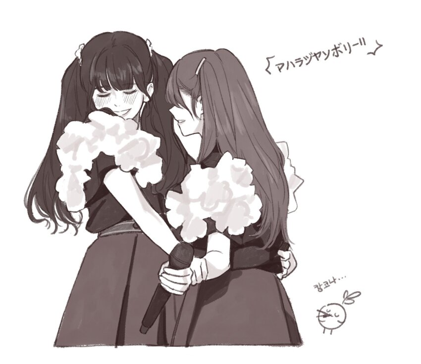 2girls 4th_live_dream_~bloom_the_dream_believers~ animification basil_(wgh0anzdple3asf) blush closed_eyes commentary greyscale grin hasu_no_sora_school_uniform highres holding holding_another&#039;s_wrist holding_microphone kan_kanna link!_like!_love_live! long_hair love_live! mahara_jamboree_ii microphone mira-cra_park! monochrome multiple_girls pleated_skirt profile real_life school_uniform shirt shirt_flower short_sleeves skirt smile song_name t-shirt tsukine_kona twintails two_side_up u_u voice_actor winter_uniform yuri
