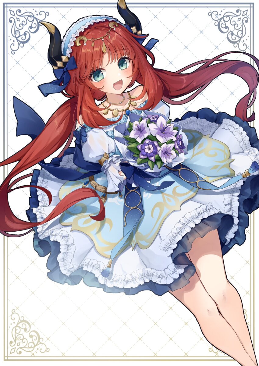 1girl bare_shoulders blue_bow blue_eyes blush bouquet bow commentary_request dress flower frilled_dress frilled_hairband frills genshin_impact hairband highres holding horns jewelry long_hair necklace nilou_(genshin_impact) nilou_(gigo)_(genshin_impact) open_mouth purple_flower shirase_(shirose) sidelocks simple_background solo twintails very_long_hair