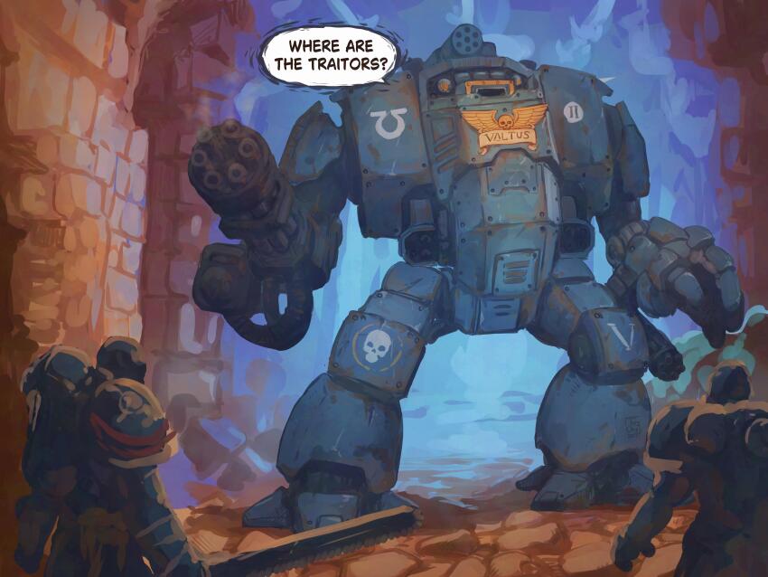 3boys absurdres adeptus_astartes armor brick_floor brick_wall captain_titus chainsword cyborg dreadnought_(warhammer_40k) gatling_gun helmet highres mecha minigun multiple_boys oleg_tsoy pouch power_armor robot roman_numeral skull tunnel ultramarines warhammer_40k warhammer_40k:_space_marine