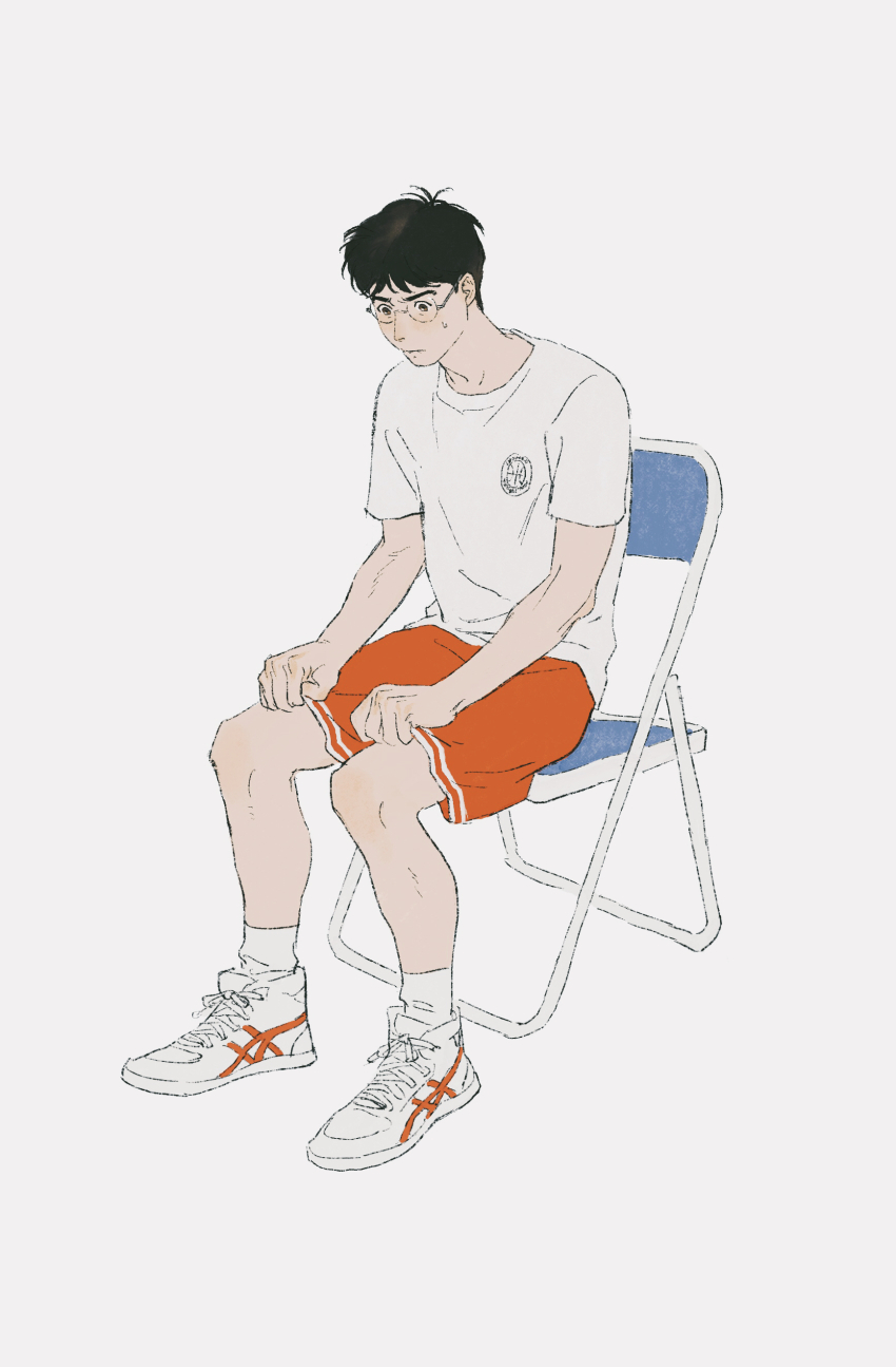 1boy absurdres ankle_socks black_hair brown_eyes chair chengongzi123 chinese_commentary commentary_request full_body glasses highres kogure_kiminobu male_focus orange_shorts round_eyewear shirt shoes short_hair short_sleeves shorts simple_background sitting slam_dunk_(series) sneakers socks solo t-shirt very_short_hair white_background white_shirt white_shoes white_socks