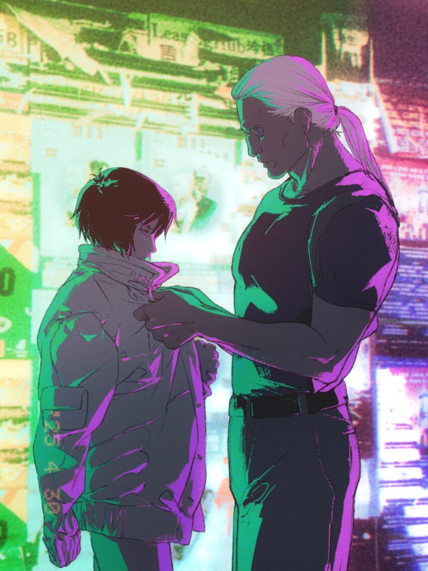 1boy 1girl aizheajsee batou_(gits) belt black_hair face-to-face ghost_in_the_shell gradient_background highres jacket kusanagi_motoko long_hair medium_hair ponytail white_hair