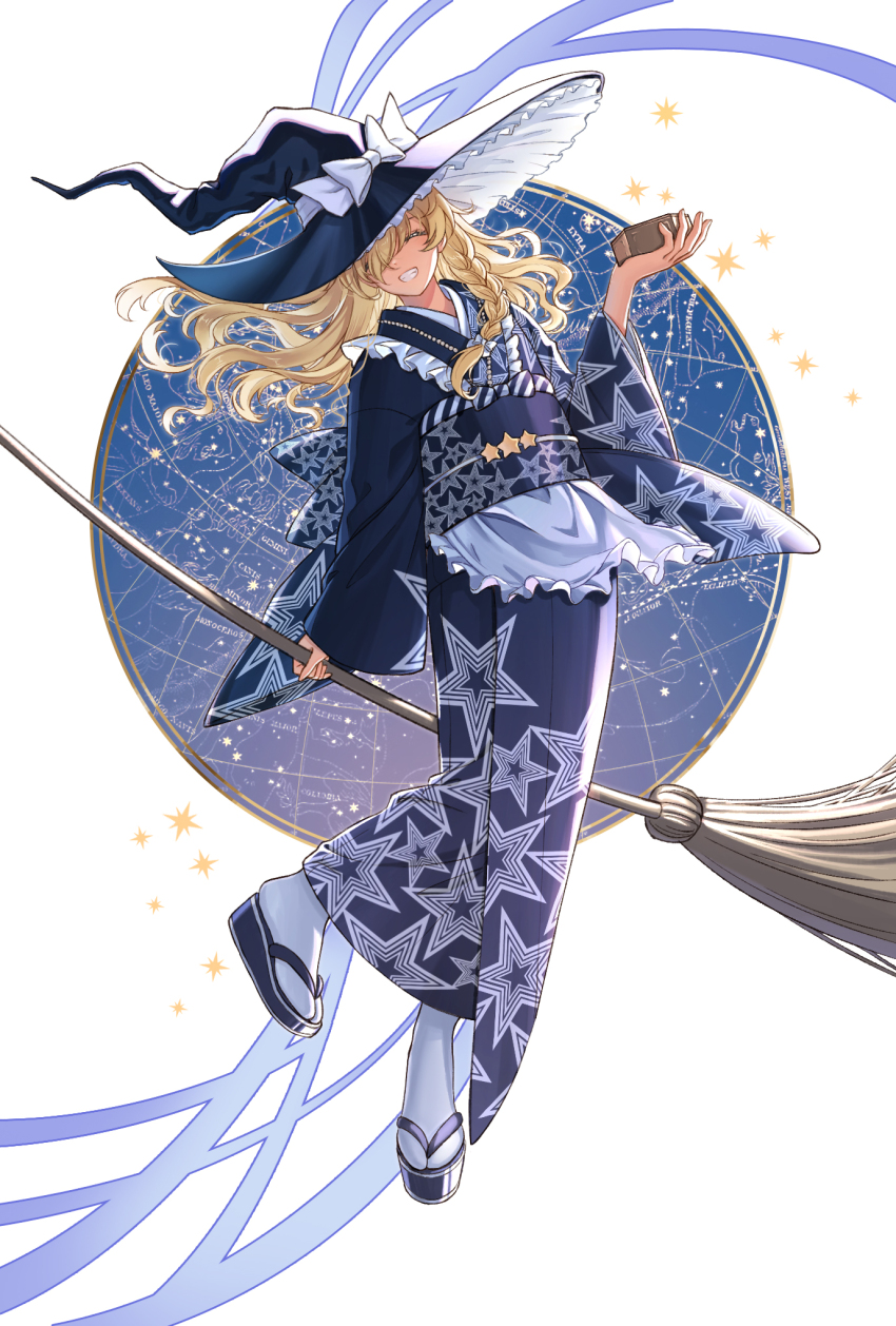 1girl alternate_costume apron blonde_hair blue_kimono bow braid broom cancer_(constellation) canis_minor_(constellation) chinese_commentary closed_eyes columba_(constellation) commentary_request constellation facing_viewer full_body grin grover.y hair_bow hair_over_one_eye hand_up hat hat_bow highres holding holding_broom hydra_(constellation) japanese_clothes kimono kirisame_marisa leo_(constellation) lepus_(constellation) long_sleeves lyra_(constellation) mini-hakkero obi platform_sandals print_kimono sandals sash side_braid single_braid smile socks solo star_(symbol) star_chart star_map star_print tabi touhou waist_apron white_apron white_bow white_socks wide_sleeves witch_hat