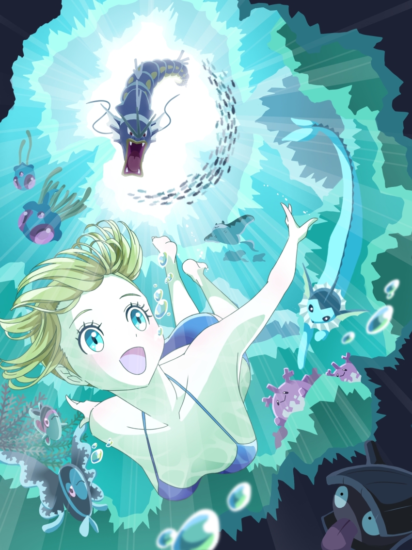1girl :d air_bubble animal barefoot bikini blue_bikini blue_eyes breasts bubble coral corsola finneon fish freediving gen_1_pokemon gen_2_pokemon gen_4_pokemon gyarados highres kanatorasan lumineon mantine mermaid misty_(pokemon) monster_girl nintendo open_mouth orange_hair pokemon pokemon_rgby shell shell_bikini shellder short_hair smile swimming swimsuit tentacool tentacruel tongue underwater vaporeon water