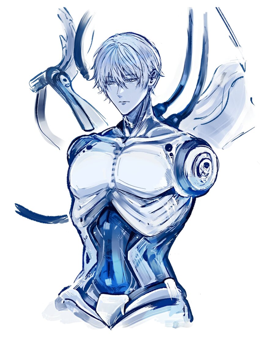 1boy absurdres cyborg dimjh goddess_of_victory:_nikke highres johan_(nikke) male_focus mechabare monochrome short_hair solo