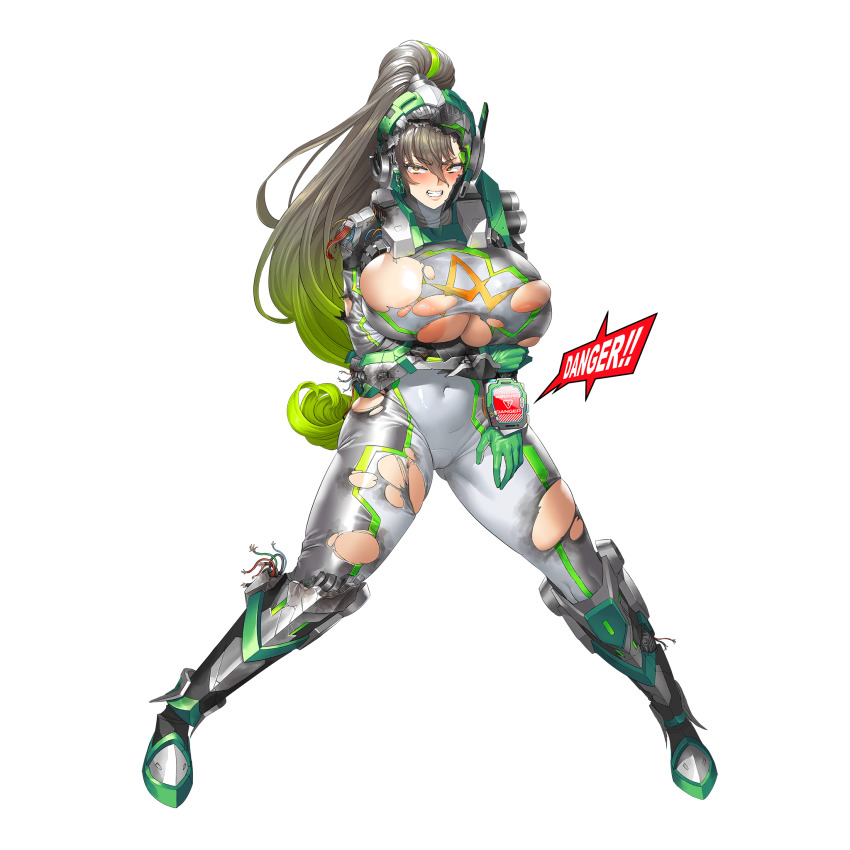 1girl areola_slip arm_guards armor bodysuit boots breast_hold breasts broken_armor broken_helmet broken_wires bursting_breasts cameltoe clenched_teeth clover clover_ace covered_navel defeat english_text fang full_body game_cg gloves gluteal_fold green_gloves green_hair grey_bodysuit grey_hair groin_tendon hair_between_eyes high_heel_boots high_heels highres holding_own_arm huge_breasts large_areolae last_origin legs_apart long_hair looking_at_viewer armored_boots monitor multicolored_hair nipple_slip nipples obui official_art open_mouth orange_eyes ponytail shoulder_armor sign simple_background skindentation solo streaked_hair teeth torn_bodysuit torn_boots torn_clothes transparent_background two-tone_hair warning_sign white_bodysuit wire