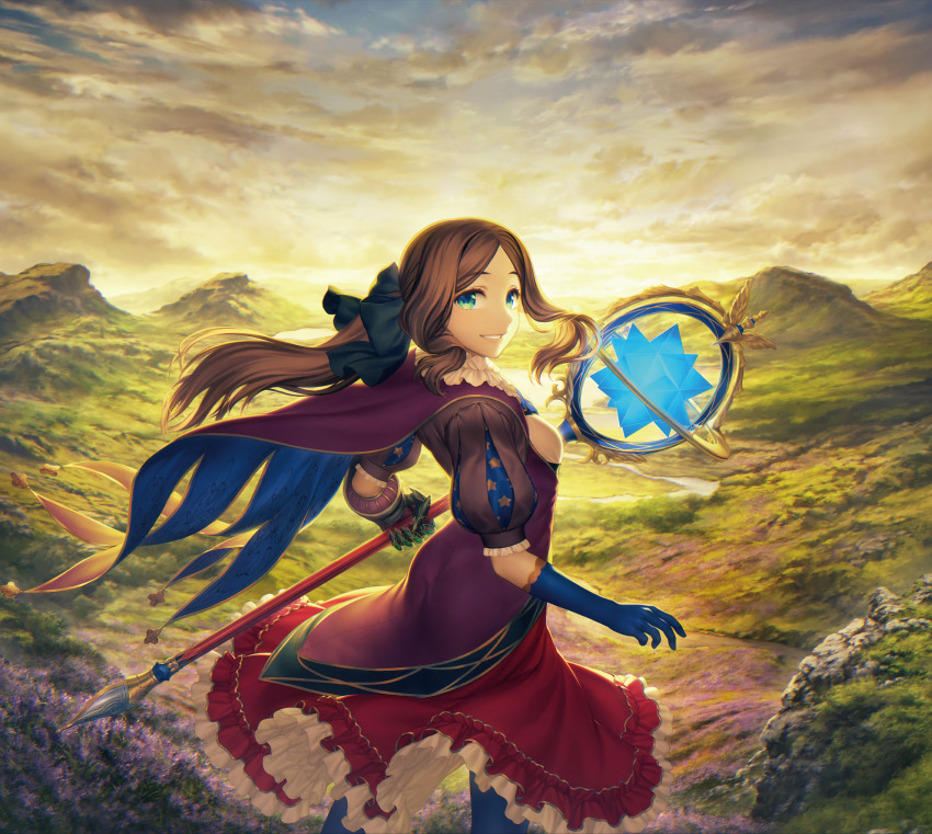 absurdres ass blue_eyes breasts fate/grand_order fate_(series) flower highres leonardo_da_vinci_(fate) leonardo_da_vinci_(fate/grand_order) leonardo_da_vinci_(rider)_(fate) looking_at_viewer mechanical_arms mountainous_horizon ribbon simosi single_mechanical_arm sky small_breasts staff sunset