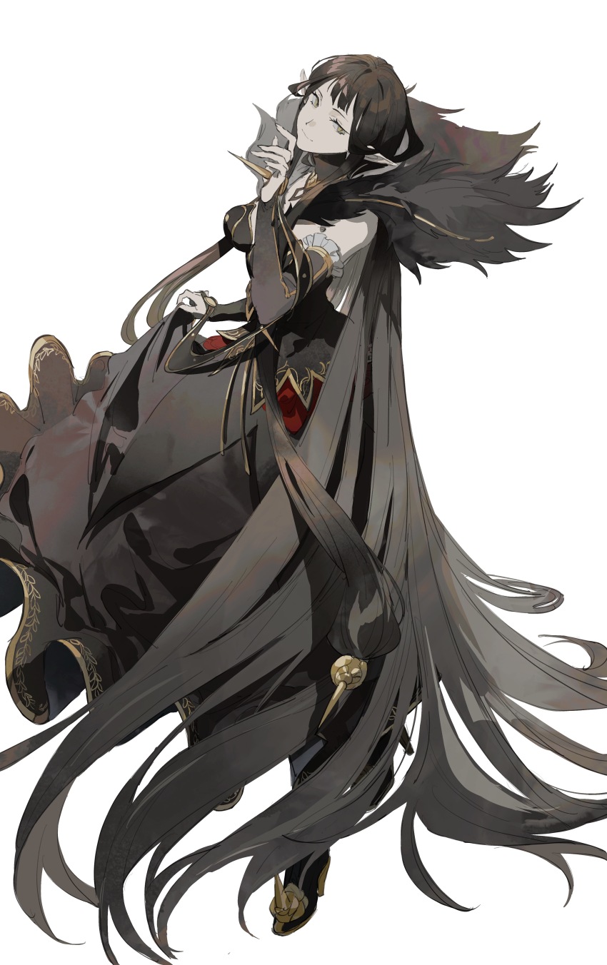 1girl absurdres bare_shoulders black_dress black_hair black_sleeves breasts bridal_gauntlets closed_mouth detached_sleeves dress fate/apocrypha fate_(series) full_body fur_trim gold_trim hair_spread_out high_heels highres large_breasts long_hair looking_at_viewer mimulishizi pointy_ears semiramis_(fate) simple_background slit_pupils smile solo spikes strapless strapless_dress very_long_hair white_background yellow_eyes