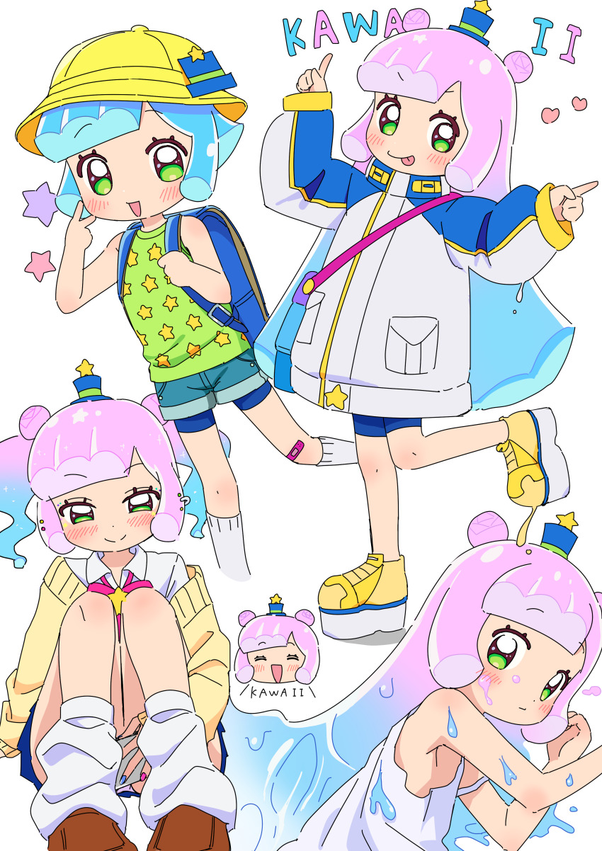 1girl :d :p absurdres arms_up backpack bag bandaid bandaid_on_knee bandaid_on_leg blue_bag blue_hair blue_hat blue_shorts blue_skirt blush bow bowtie cardigan cellphone chibi chibi_inset child collared_shirt double_bun dress gradient_hair green_eyes green_tank_top gyaru gyaru_kawaii_puniru hair_bun hat heart highres holding holding_phone holding_strap index_fingers_raised jacket long_hair long_sleeves looking_at_viewer mini_hat mini_top_hat monster_girl multicolored_hair multicolored_jacket multiple_views nail_polish official_alternate_costume official_alternate_hair_color official_alternate_hair_length official_alternate_hairstyle open_mouth parted_bangs phone pink_bow pink_bowtie pink_hair print_tank_top puniru_(puniru_wa_kawaii_slime) puniru_wa_kawaii_slime randoseru school_hat shiny_school_backpack_kawaii_puniru shirt short_hair shorts shoulder_bag sidelocks simple_background skirt slime_(substance) slime_girl smartphone smile socks standing standing_on_one_leg star_(symbol) star_print tank_top tibaridooor tongue tongue_out top_hat twintails two-tone_hair v v-shaped_eyebrows white_background white_dress white_jacket white_shirt white_socks yellow_cardigan yellow_hat