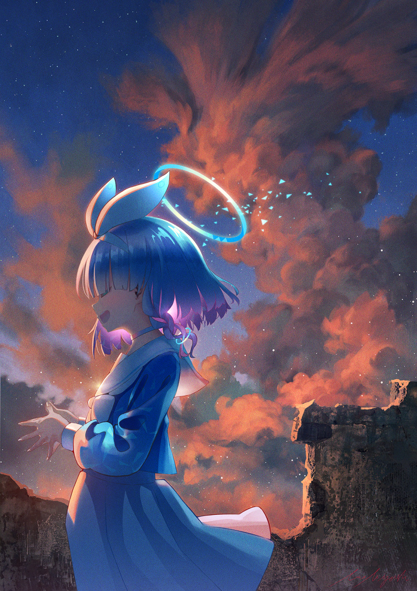 1girl :d ^_^ arona_(blue_archive) backlighting blue_archive blue_hair braid choker closed_eyes cloud cloudy_sky commentary_request from_side gradient_hair hairband halo highres long_sleeves looking_afar looking_away miyoshi_nao_(miyoshist) mountainous_horizon multicolored_hair open_mouth pleated_skirt scenery school_uniform serafuku short_hair sidelocks single_braid skirt sky smile solo twilight two-tone_hair wind