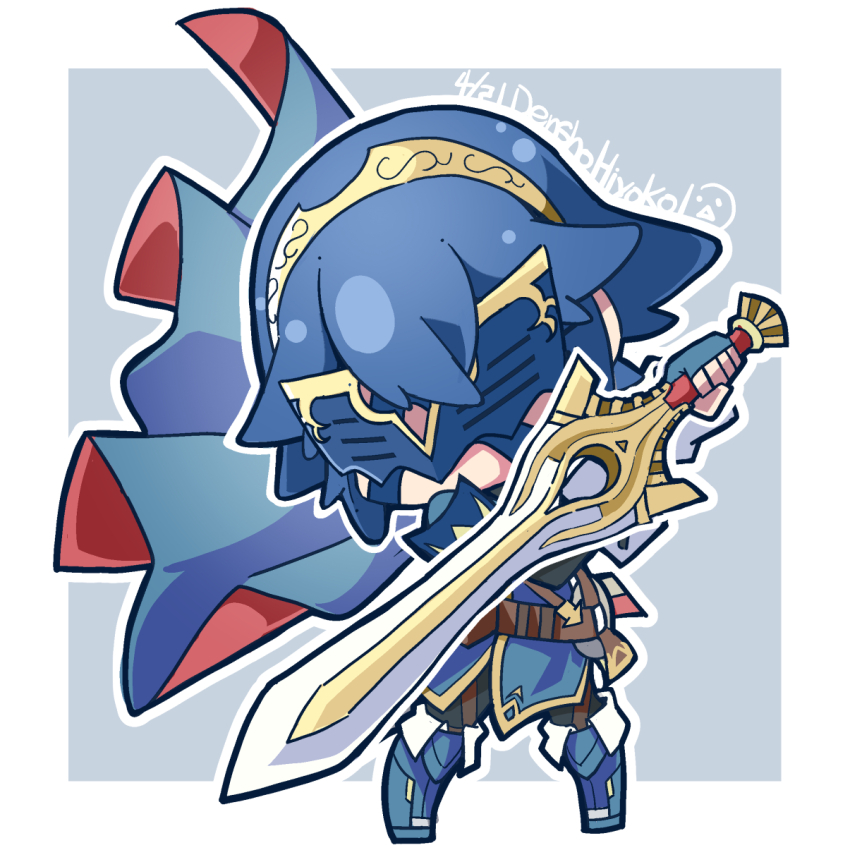 1girl artist_name blue_cape blue_gloves blue_hair boots cape chibi chibi_only dated falchion_(fire_emblem) fingerless_gloves fire_emblem fire_emblem_awakening full_body gloves highres holding holding_sword holding_weapon lucina_(fire_emblem) marth_(fire_emblem_awakening) mask nintendo red_cape ryoto_soukyuu short_hair solo sword tiara two-tone_cape weapon
