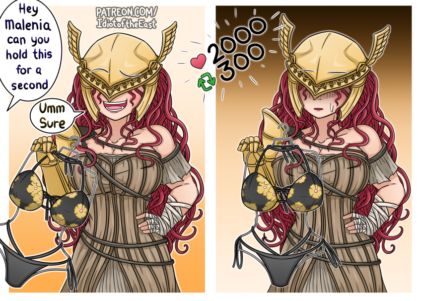 1girl 1other amputee bikini breasts covered_eyes dress elden_ring english_text helmet highres idiot_of_the_east malenia_blade_of_miquella mechanical_arms out_of_frame prosthesis prosthetic_arm single_mechanical_arm smile sono_bisque_doll_wa_koi_wo_suru swimsuit twitter_strip_game winged_helmet