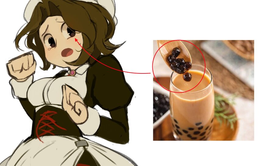 1girl brown_eyes brown_hair bubble_tea clenched_hand highres jewelry lovka maid meme scared shannon_(umineko) umineko_no_naku_koro_ni