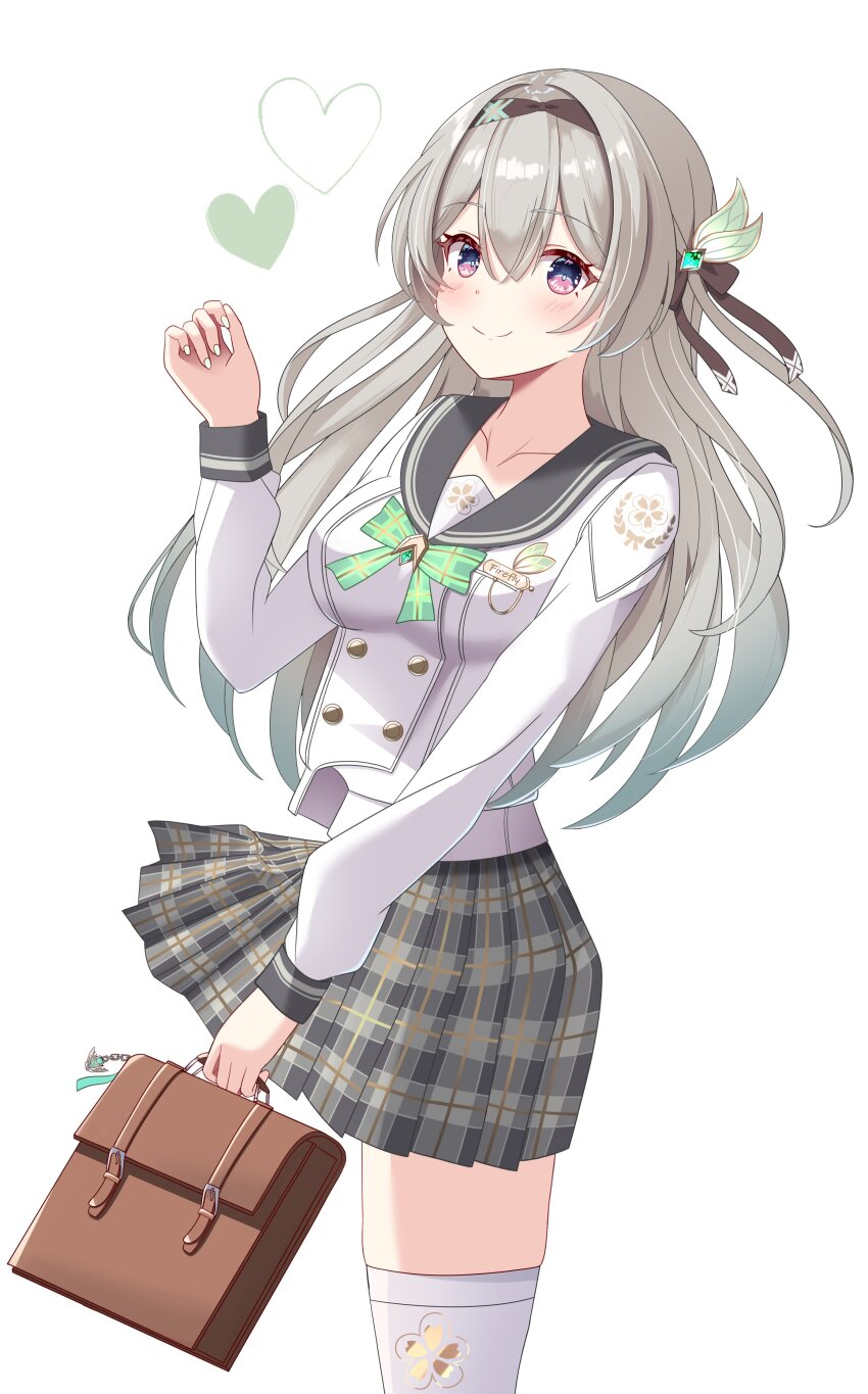 1girl absurdres bag black_hairband black_ribbon black_sailor_collar blush bow bowtie brown_bag buttons closed_mouth collared_shirt double-breasted firefly_(honkai:_star_rail) firefly_(spring_missive)_(honkai:_star_rail) gradient_hair green_bow green_bowtie green_pupils grey_hair grey_skirt hair_between_eyes hair_intakes hair_ornament hair_ribbon hairband handbag heart highres holding holding_bag honkai:_star_rail honkai_(series) long_hair multicolored_eyes multicolored_hair nail_polish niwashi_nero plaid_bow plaid_bowtie plaid_clothes pleated_skirt ribbon sailor_collar shirt simple_background skirt smile solo thighhighs white_background white_shirt white_thighhighs