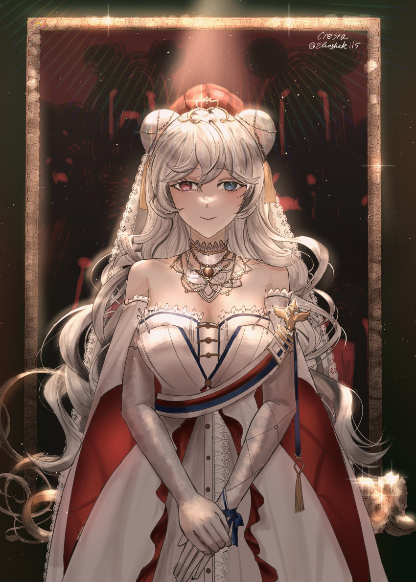 1girl absurdres animal_ears arknights bare_shoulders bear_ears blue_eyes breasts cleavage cresta_(elvashak115) detached_collar dress elbow_gloves gloves hat heterochromia highres large_breasts long_hair looking_at_viewer off_shoulder official_alternate_costume red_eyes red_hat rosa_(arknights) rosa_(masterpiece)_(arknights) solo very_long_hair white_dress white_gloves white_hair