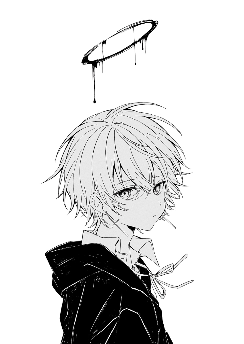 1boy bishounen collared_shirt cross cross_earrings earrings expressionless from_side greyscale halo highres inverted_cross_earrings jewelry looking_at_viewer male_focus monochrome neck_ribbon original ozx_x0 ribbon shirt short_hair simple_background solo upper_body white_background