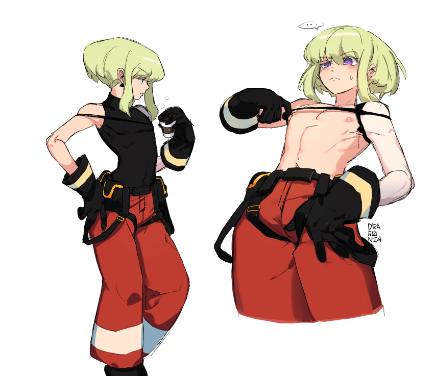 ... 1boy absurdres black_gloves cosplay galo_thymos galo_thymos_(cosplay) gloves green_hair highres instanttnoodle lio_fotia male_focus multiple_views pants pectorals promare purple_eyes red_pants topless_male simple_background spoken_ellipsis standing sweatdrop uniform white_background