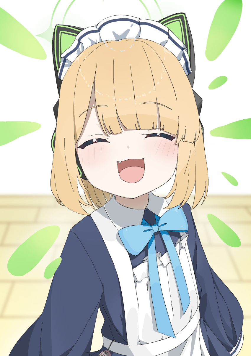 1girl :3 :d ^_^ absurdres animal_ear_headphones animal_ears apron black_dress blonde_hair blue_archive blue_bow blue_bowtie blurry blurry_background blush bow bowtie cat_ear_headphones cat_ears closed_eyes collared_dress commentary_request contrast_collar dress facing_viewer fake_animal_ears fang frilled_apron frills green_halo halo headphones heart highres ixia559 long_sleeves maid maid_apron maid_headdress medium_hair midori_(blue_archive) midori_(maid)_(blue_archive) official_alternate_costume official_alternate_hairstyle open_mouth parted_bangs ponytail puffy_long_sleeves puffy_sleeves sidelocks smile solo upper_body virtual_pet_(toy) white_apron white_background white_headdress