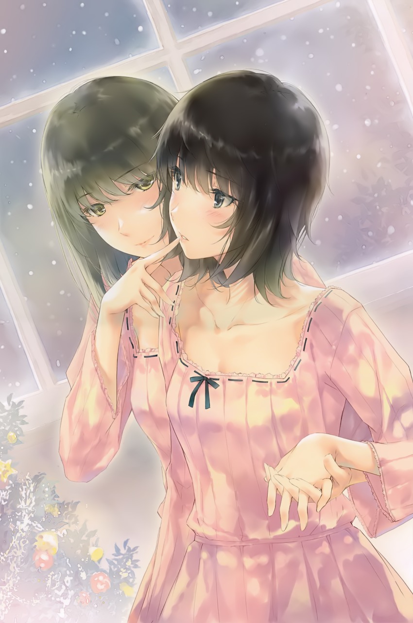 2girls absurdres blush christmas christmas_ornaments collarbone cowboy_shot dress finger_to_another&#039;s_mouth flowers_(innocent_grey) green_eyes green_hair grey_eyes holding_hands highres interlocked_fingers lips multiple_girls parted_lips ribbon-trimmed_clothes ribbon_trim short_hair snow snowing sugina_miki takasaki_chidori window yaegaki_erika yuri