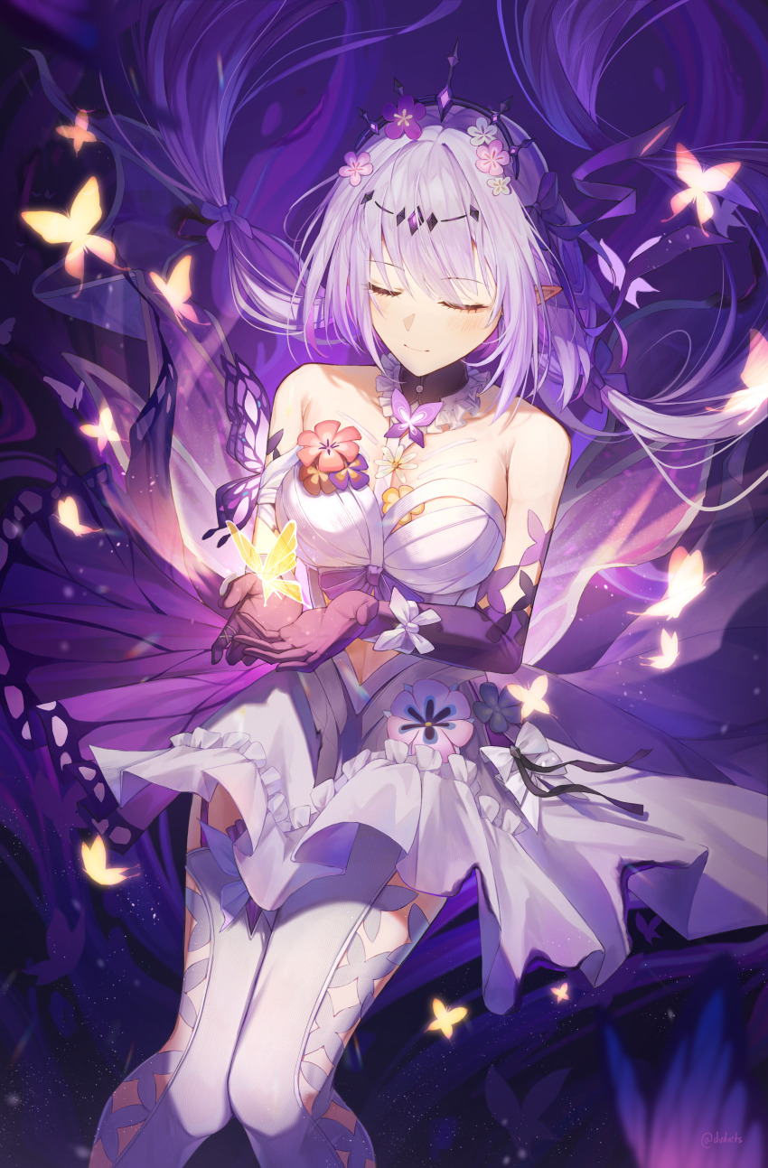 1girl absurdres bare_shoulders breasts bug butterfly castorice_(honkai:_star_rail) closed_eyes closed_mouth commentary cowboy_shot dress dvdarts elbow_gloves floating_hair flower gloves hair_flower hair_ornament hands_up highres honkai:_star_rail honkai_(series) insect large_breasts leggings light_blush light_smile long_hair pink_flower pointy_ears purple_butterfly purple_gloves purple_hair single_elbow_glove solo very_long_hair white_dress white_leggings yellow_butterfly