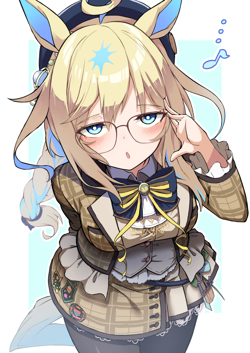 1girl absurdres adjusting_eyewear ahoge animal_ears beret blue_eyes blush breasts glasses hair_between_eyes hair_ornament hat hekahire_isurus highres horse_girl long_braid long_hair looking_at_viewer multicolored_hair neo_universe_(like_&quot;zeer&quot;)_(umamusume) neo_universe_(umamusume) open_mouth ribbon small_breasts solo two-tone_hair umamusume