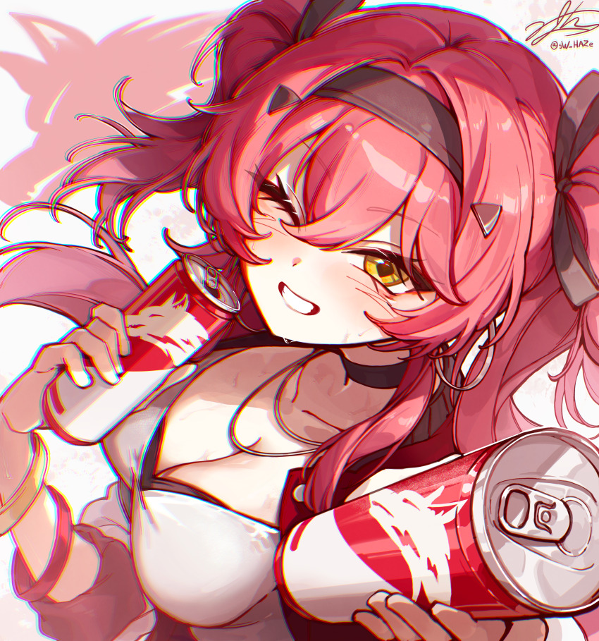 1girl absurdres alternate_costume black_bow black_choker black_hairband bow breasts can choker chromatic_aberration cleavage collarbone commentary_request drink_can hair_bow hairband heavy_chromatic_aberration highres holding holding_can korean_commentary large_breasts long_hair looking_at_viewer lupa_(wuthering_waves) multiple_hair_bows one_eye_closed pink_hair shirt signature smile solo sw_haze sweat twitter_username upper_body white_shirt wuthering_waves yellow_eyes