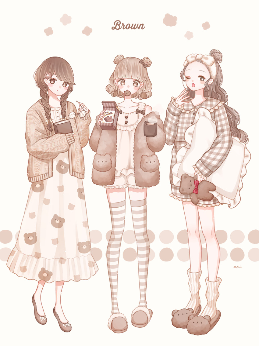 3girls absurdres animal_print ari_(oonmnmooo) bear_hair_ornament bear_print bear_slippers blush blush_stickers book bow braid brown_hair brown_theme cardigan cookie cup double_bun dress eating flats food food_in_mouth gingham gingham_pajamas glasses hair_bow hair_bun hair_ornament half_updo headband highres holding holding_book holding_cup holding_pillow holding_removed_eyewear holding_stuffed_toy long_hair long_sleeves looking_at_viewer loose_socks mouth_hold mug multiple_girls one_eye_closed open_mouth original pajamas pillow plaid_clothes plaid_pajamas round_eyewear shirt short_hair shorts sleeveless sleeveless_shirt sleeves_past_wrists slippers smile socks steam striped_clothes striped_thighhighs stuffed_animal stuffed_toy teddy_bear thighhighs twin_braids two_side_up unworn_eyewear very_long_hair wavy_hair yawning