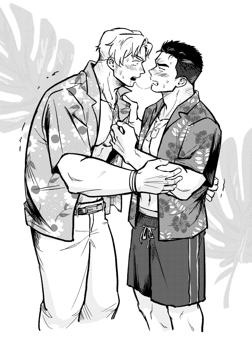 2boys absurdres adam&#039;s_apple after_kiss ao_isami bara bare_pectorals blush clothes_grab collar_grab couple cropped_legs dog_tags eye_contact face-to-face facial_hair floral_print greyscale hand_on_another&#039;s_arm hand_on_another&#039;s_back hawaiian_shirt highres leaf leaf_background lewis_smith looking_at_another male_focus monochrome monstera_deliciosa multiple_boys navel neckwear_grab open_clothes open_shirt pectorals saliva saliva_trail shirt short_hair shorts sideburns_stubble stubble sweat tearing_up trembling wasted_m9 yaoi yuuki_bakuhatsu_bang_bravern