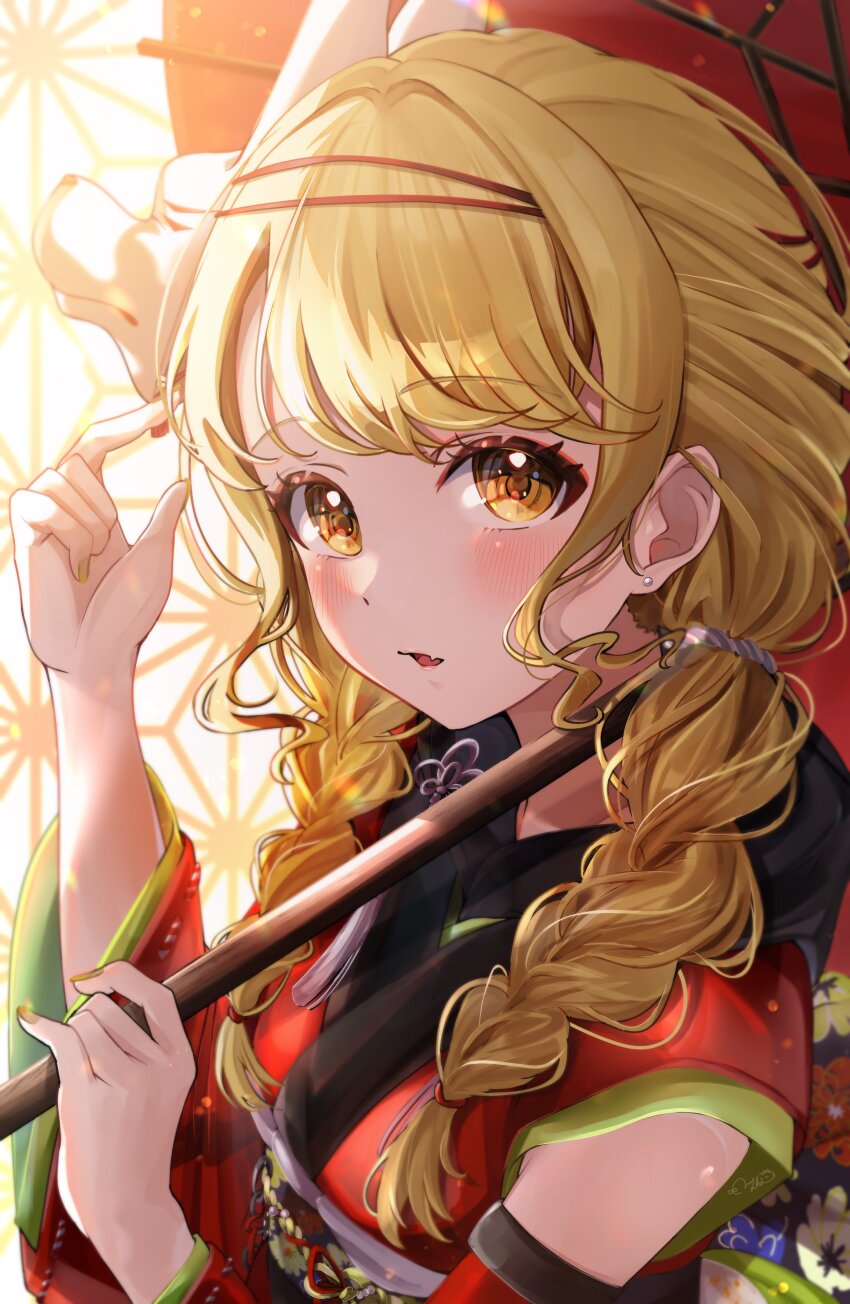 1girl absurdres bare_shoulders blonde_hair blush braid breasts commentary detached_sleeves dot_nose earrings fang fox_mask from_side fujita_kotone gakuen_idolmaster green_nails green_trim hair_tie highres holding holding_umbrella idolmaster japanese_clothes jewelry kamurogiku_(idolmaster) kimono long_sleeves looking_at_viewer mask mask_on_head nail_polish nyako_(utaneko31) obi obiage obijime oil-paper_umbrella parted_lips red_kimono red_sleeves sash signature skin_fang sleeveless sleeveless_kimono small_breasts solo twin_braids umbrella wide_sleeves yellow_eyes