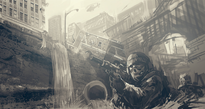 2boys aiming aircraft ambulance assault_rifle balaclava building call_of_duty call_of_duty:_ghosts call_of_duty:ghosts city door gloves gun headgear helicopter mac_cola mask monochrome multiple_boys realistic rifle ruins sewer skull soldier suppressor water weapon