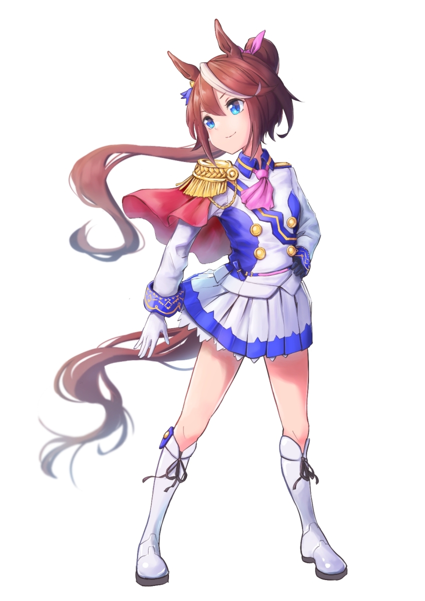 1girl animal_ears ascot asymmetrical_gloves black_gloves blue_eyes brown_hair cape closed_mouth commentary_request epaulettes footwear_ribbon full_body gloves hand_on_own_hip highres horse_ears horse_girl horse_tail jacket long_hair looking_to_the_side mismatched_gloves pink_ascot pink_cape pleated_skirt shoes simple_background skirt solo tail tem_(tempainting1) tokai_teio_(umamusume) umamusume white_background white_gloves white_jacket white_shoes white_skirt
