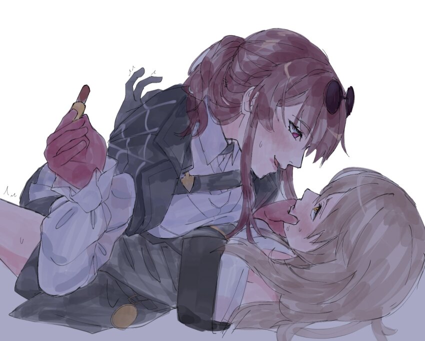 2girls after_kiss black-framed_eyewear black_choker black_jacket black_shorts black_skirt blush breasts choker collared_shirt commentary empty_eyes english_commentary eyewear_on_head gloves grey_hair hair_between_eyes hand_on_another&#039;s_face hand_up highres honkai:_star_rail honkai_(series) jacket kafka_(honkai:_star_rail) kiwiteamlp long_hair long_sleeves looking_at_another looking_down looking_up low_ponytail lying lying_on_person medium_breasts miniskirt multiple_girls on_back on_stomach open_clothes open_jacket open_mouth pink_gloves pink_lips pocket_watch ponytail puffy_long_sleeves puffy_sleeves purple_eyes purple_hair round_eyewear saliva saliva_trail shirt shorts sidelocks simple_background skirt smile spider_web_print stelle_(honkai:_star_rail) sunglasses sweat t-shirt trailblazer_(honkai:_star_rail) trembling watch white_background white_shirt yellow_eyes yuri