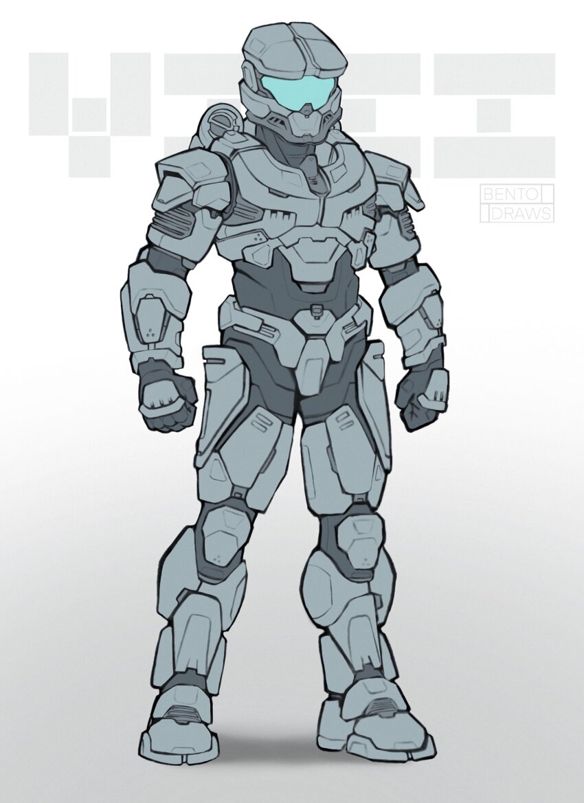 1boy aperture_science_handheld_portal_device armor assault_visor bentodraws black_gloves clenched_hands english_text full_body gloves grey_background halo_(series) halo_infinite helmet highres male_focus power_armor spartan_(halo) standing