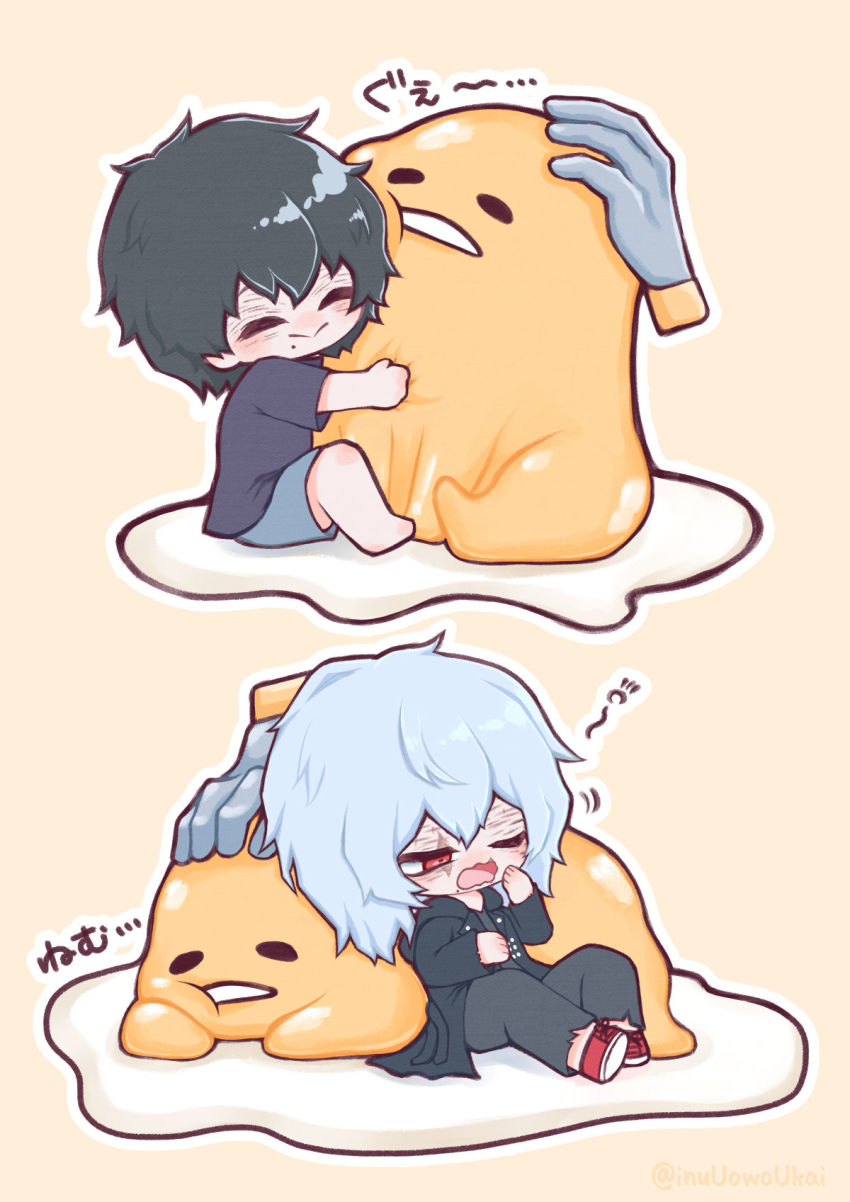 2boys :&gt; age_progression aged_down barefoot black_hair black_jacket black_pants black_shirt boku_no_hero_academia chibi child closed_eyes closed_mouth commentary_request creature crossover disembodied_hand dual_persona egg grey_hair grey_shorts gudetama highres hug inukai_(inuuowoukai) jacket lying male_focus medium_hair messy_hair mole mole_under_mouth multiple_boys on_stomach one_eye_closed open_mouth outline pants red_footwear sanrio scar scar_across_eye scar_on_face shigaraki_tomura shirt shoes short_hair short_sleeves shorts sitting smile split_mouth translation_request white_background white_outline yawning yellow_background